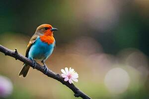 a colorful bird sits on a branch with a flower. AI-Generated photo