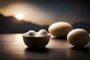 Tres huevos en un cuenco en un mesa. generado por ai foto