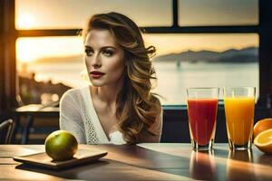 a woman sitting at a table with juice and fruit. AI-Generated photo