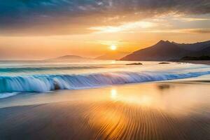puesta de sol en el playa, olas estrellarse en el arena. generado por ai foto