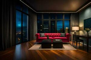 a living room with a red couch and a view of the city. AI-Generated photo