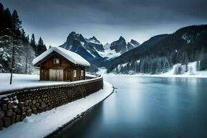 photo wallpaper the sky, mountains, lake, snow, cabin, winter, the dolom. AI-Generated