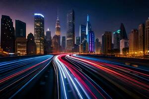 un paisaje urbano con luces y tráfico a noche. generado por ai foto