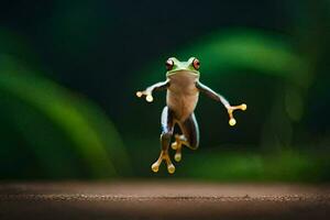 un rana saltando en el aire con sus piernas desparramar. generado por ai foto