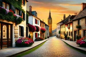 a street in france with flowers and buildings. AI-Generated photo