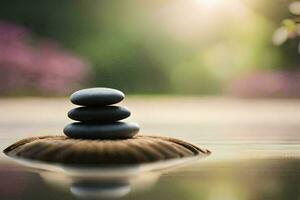 zen stones stacked on top of water in a pond. AI-Generated photo