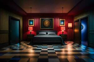 a bedroom with a black bed and checkered floor. AI-Generated photo