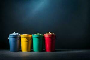 a row of colorful buckets on a dark background. AI-Generated photo