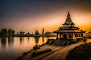 the sun rises over a lake and a pagoda. AI-Generated photo