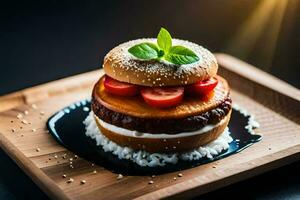 a hamburger with tomatoes and cheese on a wooden plate. AI-Generated photo