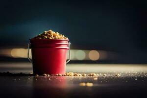 a red bucket filled with popcorn on a table. AI-Generated photo