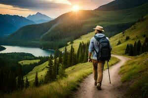a man with a backpack walks down a path in the mountains. AI-Generated photo