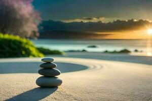 zen piedras en el playa a puesta de sol. generado por ai foto