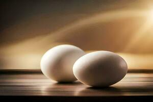 two eggs on a wooden table with the sun shining in the background. AI-Generated photo