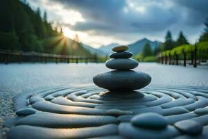 a stack of stones in the middle of a road. AI-Generated photo