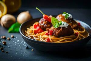 spaghetti with meatballs and tomatoes in a bowl. AI-Generated photo