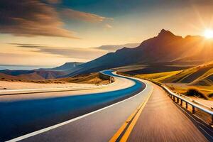 a road with the sun setting behind it. AI-Generated photo