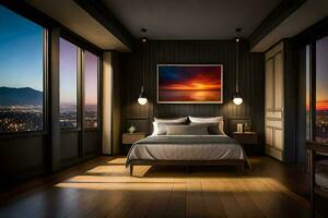 a bedroom with a view of the city at sunset. AI-Generated photo