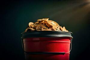 a red bucket filled with coins. AI-Generated photo