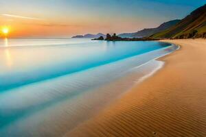 el Dom conjuntos terminado un playa y montañas. generado por ai foto