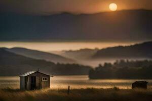 a small hut sits in the middle of a field at sunset. AI-Generated photo