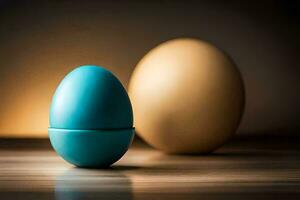 a blue egg and a brown egg on a table. AI-Generated photo