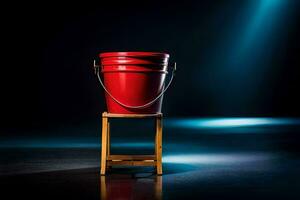 a red bucket on a wooden stool in front of a spotlight. AI-Generated photo