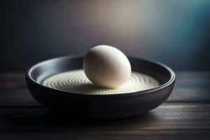 an egg in a bowl on a table. AI-Generated photo