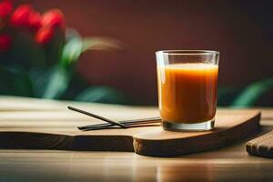 a glass of orange juice on a wooden cutting board. AI-Generated photo