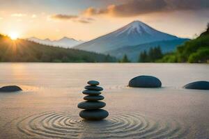 a stack of rocks in the sand with a mountain in the background. AI-Generated photo