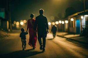 a family walking down the street at night. AI-Generated photo