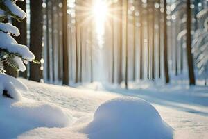 nieve cubierto arboles y un Dom brillante mediante el arboles generado por ai foto