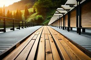 a long wooden walkway with benches and a mountain in the background. AI-Generated photo