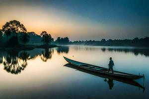 un hombre en un barco en un lago a amanecer. generado por ai foto