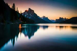 the mountains are reflected in the water at sunset. AI-Generated photo