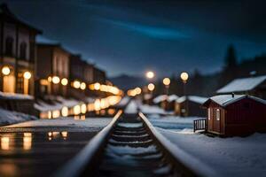 a train track in the snow with lights on the tracks. AI-Generated photo