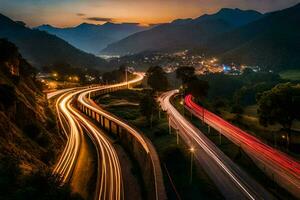 a long exposure photo of a highway at night. AI-Generated