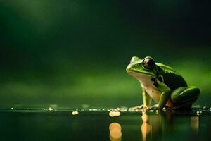 a frog sitting on the water with a green background. AI-Generated photo