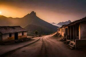 a dirt road in the mountains with a mountain in the background. AI-Generated photo