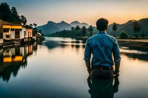 man standing in front of river at sunset. AI-Generated photo