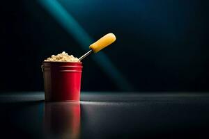 a red bucket with a spoon and some popcorn. AI-Generated photo