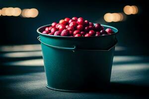a bucket full of cranberries on a table. AI-Generated photo
