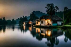 un casa en el agua a puesta de sol con un montaña en el antecedentes. generado por ai foto