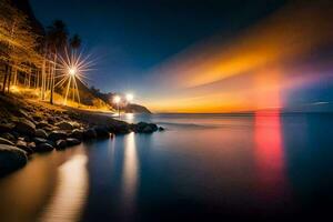 un largo exposición fotografía de el Oceano a noche. generado por ai foto