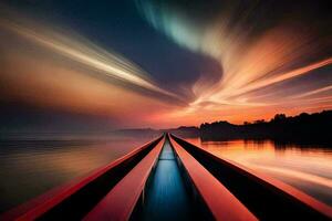 a long exposure photograph of a boat on the water at sunset. AI-Generated photo