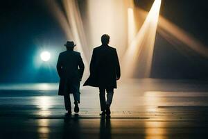 dos hombres caminando en el oscuro con luces brillante en a ellos. generado por ai foto