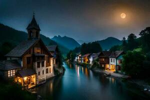 foto fondo de pantalla el luna, río, montañas, casas, río, el luna, noche, río. generado por ai