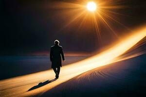 un hombre caminando en el Desierto a puesta de sol. generado por ai foto