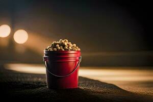a bucket of peanuts on the road. AI-Generated photo