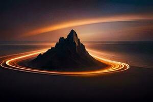 a mountain with light trails on it. AI-Generated photo